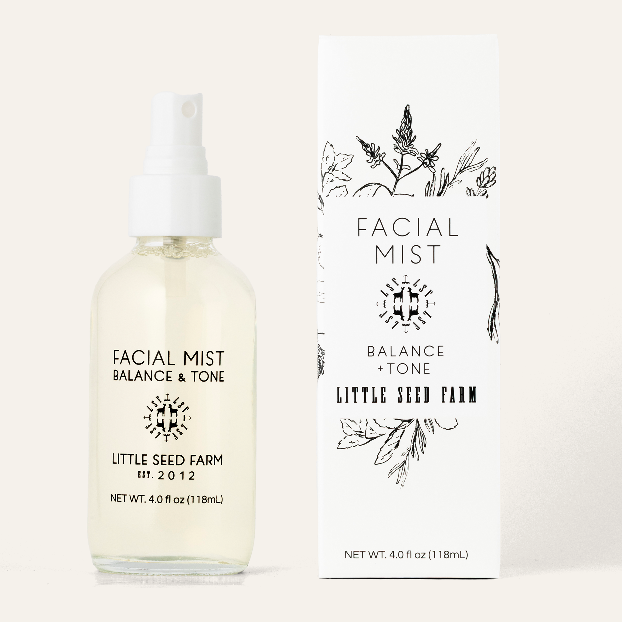 Facial mist bottle and packaging with 'Little Seed Farm' branding on a white background