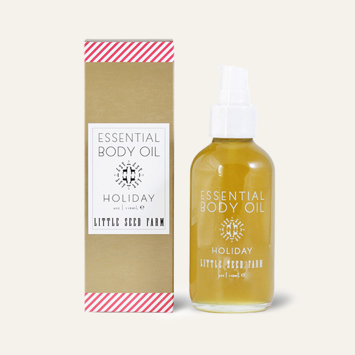 Holiday Body Oil from Little Seed Farm: a light, non-greasy, daily moisturizing oil scented with festive peppermint and vanilla, made with hazelnut oil and hemp seed oil for antioxidant-rich skin nourishment.