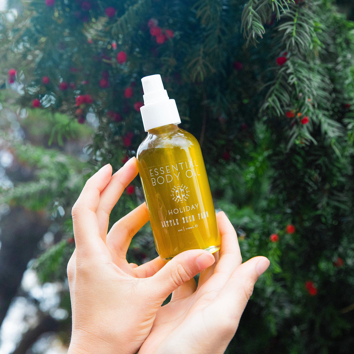 Holiday Body Oil from Little Seed Farm: a light, non-greasy, daily moisturizing oil scented with festive peppermint and vanilla, made with hazelnut oil and hemp seed oil for antioxidant-rich skin nourishment.