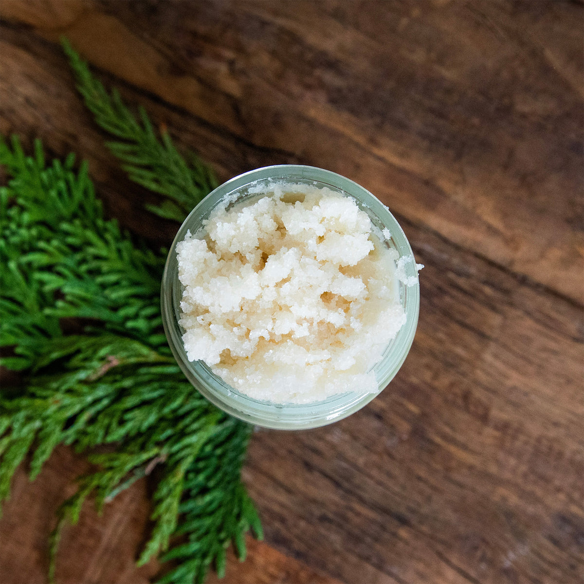 A top down view of an open jar of little seed farm holiday hand aid.