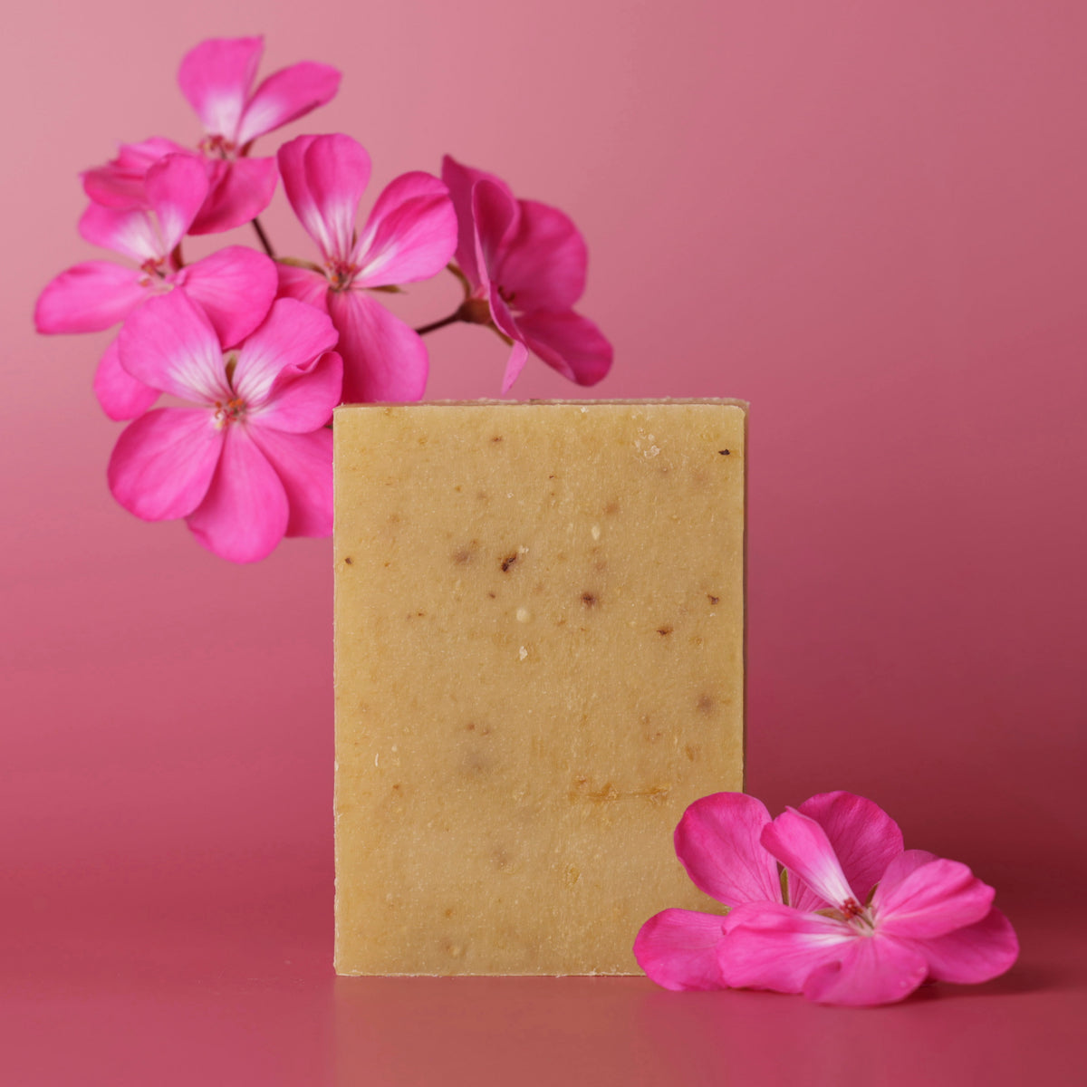 A bar of little seed farm geranium rose goats milk soap on pink back ground with geraniums around it.