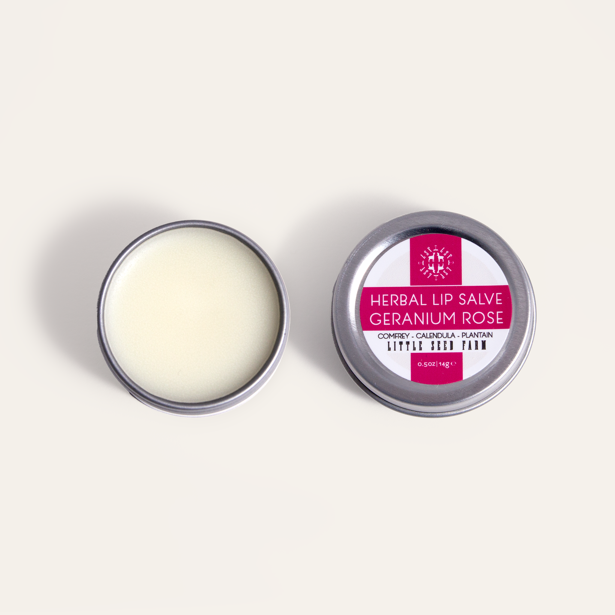 Geranium Rose Lip Salve: rich herbal balm with organic shea butter, sweet almond and coconut oils infused with healing botanicals and geranium flower oil to soothe dry or cracked lips.