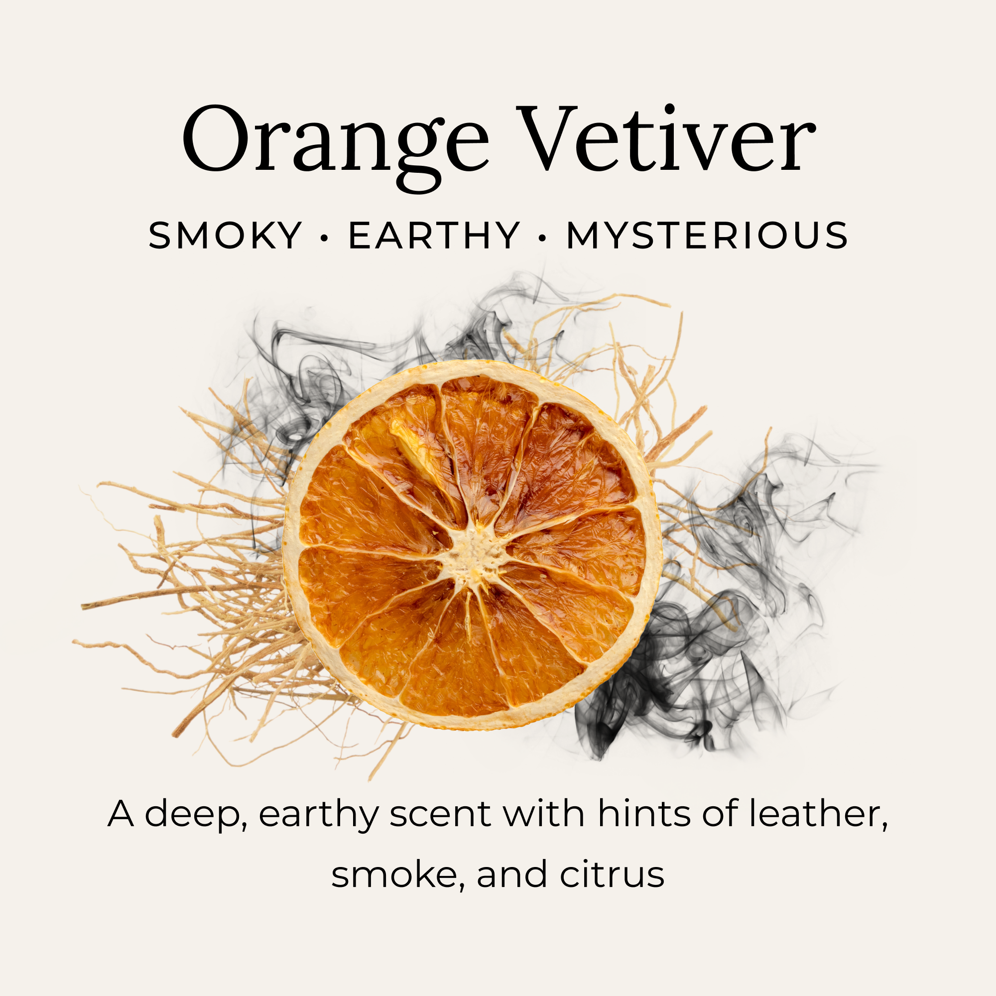 Scent card describing Orange Vetiver as a blend of sweet, citrusy orange and smoky, earthy vetiver essential oils for a grounding and energizing natural fragrance.