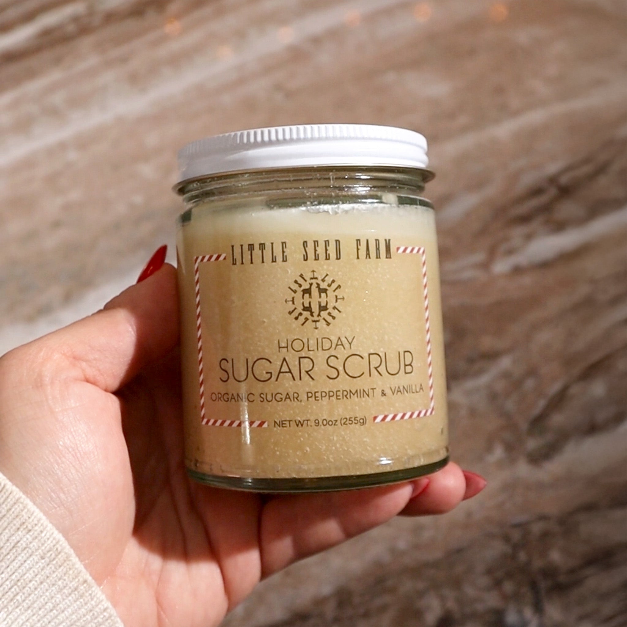 a hand holding a jar of little seed farm holiday sugar scrub.