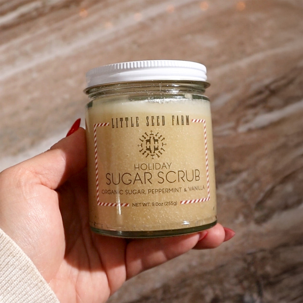 a hand holding a jar of little seed farm holiday sugar scrub.